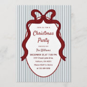 Classic Red Blue Stripes & Bow Frame Christmas Einladung (Vorderseite)