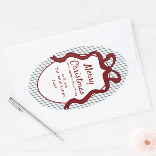 Classic Red Blue Stripes & Bow Frame Christmas Ovaler Aufkleber (Umschlag)