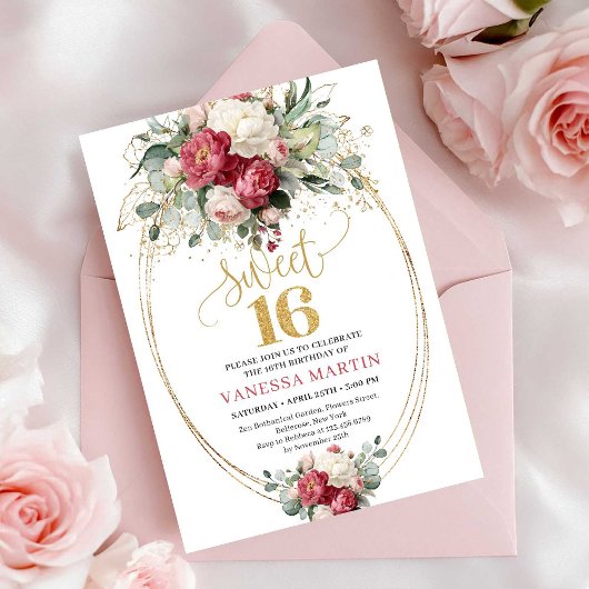 Classic Red Blush Floral Sweet 16 Birthday Invite Einladung