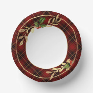 Classic Red Christmas Tartan, Holly & Gold Blätter Pappteller