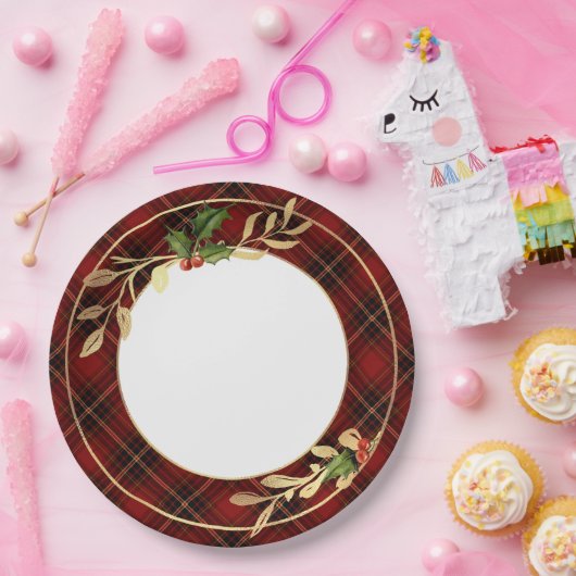 Classic Red Christmas Tartan, Holly & Gold Blätter Pappteller (Party)