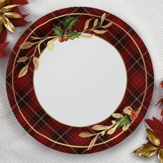Classic Red Christmas Tartan, Holly & Gold Blätter Pappteller