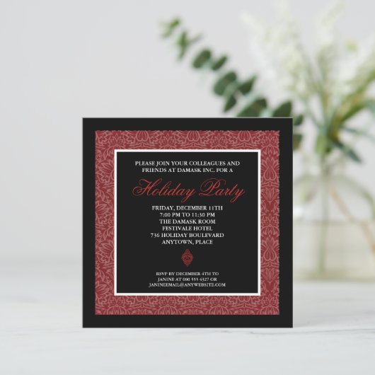 Classic Red Damask Corporate Holiday Party Einladung (Stehend Vorderseite)