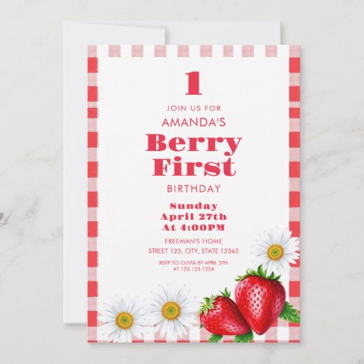 Classic Red Gingham Strawberries Girl 1. Geburtsta Einladung (Vorderseite)