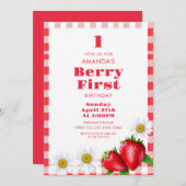 Classic Red Gingham Strawberries Girl 1. Geburtsta Einladung (Vorne/Hinten)