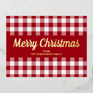 Classic Red Gingham Weihnachtsskript Gold Folien Feiertagspostkarte