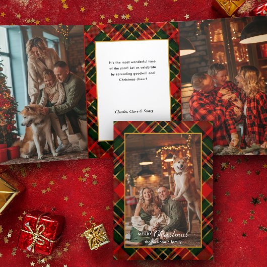 Classic Red, Green, Gold Christmas Plaid 1-Photo Dreifach Gefaltete Karte