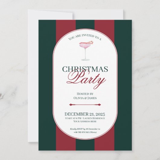 Classic red green stripe Christmas Invitation Einladung (Vorderseite)