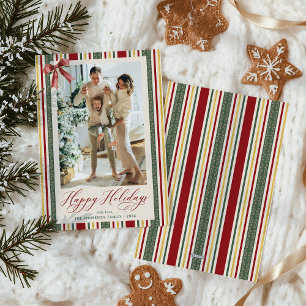 Classic Red Green Stripes Bow Happy Holidays Foto Feiertagskarte