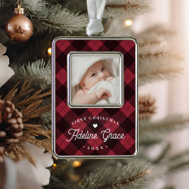Classic Red Kariert Baby's First Christmas Foto Rahmen-Ornament Silber