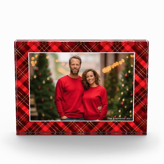 Classic Red Kariert Tartan Weihnachtsfamilie Fotoblock (Vorderseite)