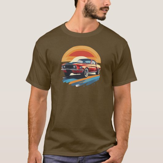 Classic Red Mustang with Retro Sunset Background T-Shirt (Vorderseite)