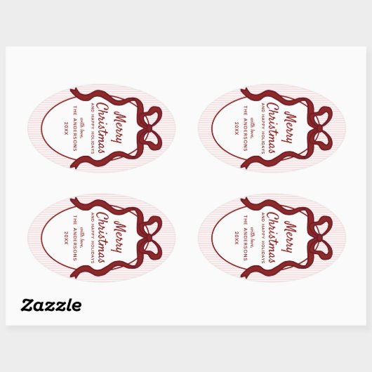 Classic Red Pink Stripes & Bow Frame Christmas  Ovaler Aufkleber (Blatt)