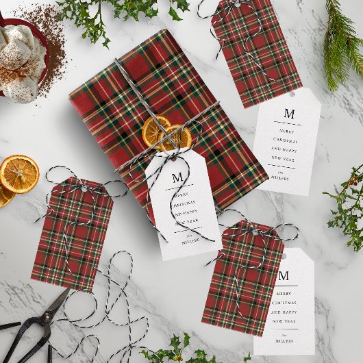 Classic Red Plaid Monogram Merry Christmas Holiday Geschenkanhänger
