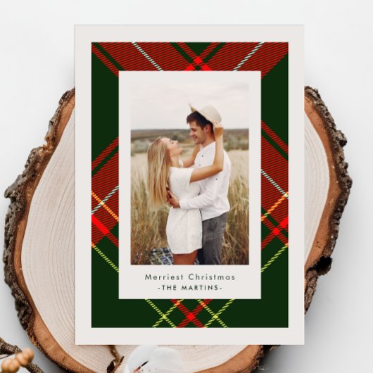 Classic Red Plaid Three Photo Christmas Card Einladung