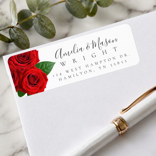 Classic Red Rose Elegant Script Return Address 