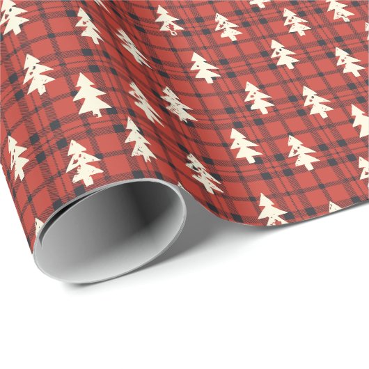 Classic Red Tartan Plaid Christmas Pine Trees Geschenkpapier (Rolleneckpunkt)