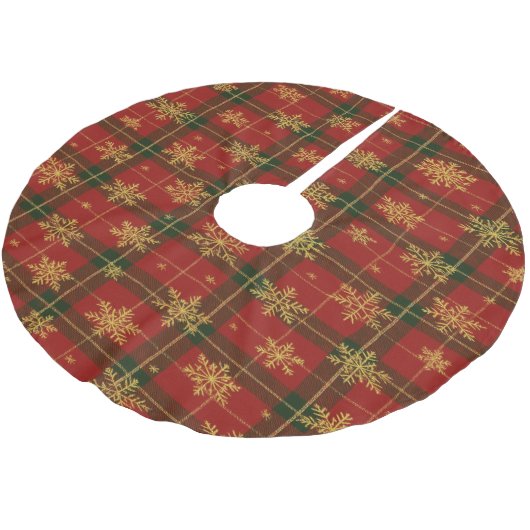 Classic Red Tartan with Golden Snowflakes Polyester Weihnachtsbaumdecke (Schrägansicht)
