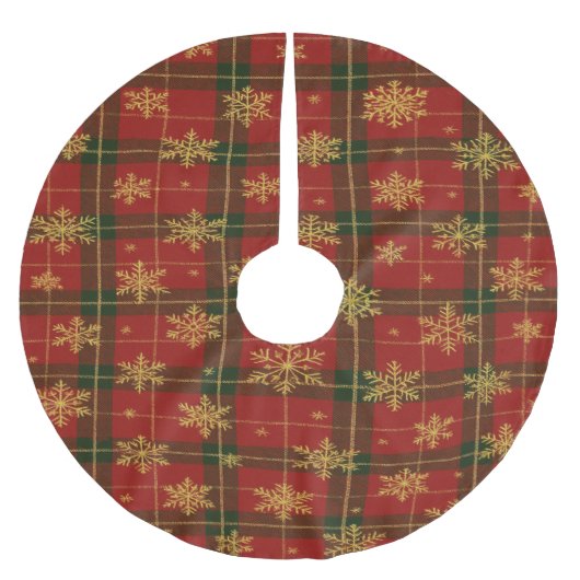 Classic Red Tartan with Golden Snowflakes Polyester Weihnachtsbaumdecke (Vorderseite)