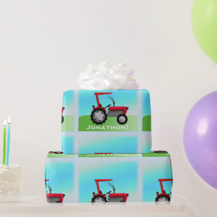 Classic Red Traktor "Happy Birthday, Name" Geschenkpapier