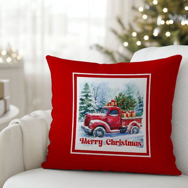 Classic red truck Christmas scene rustic holiday  Kissen (Bring timeless holiday charm into your home with this beautifully illustrated watercolor Christmas r)