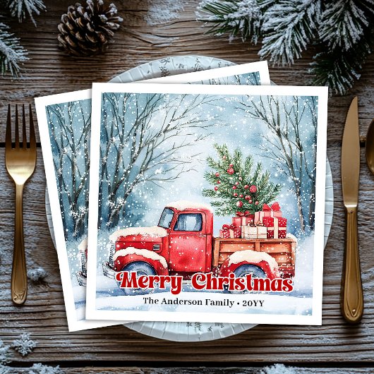 Classic red truck Christmas scene rustic napkins Serviette