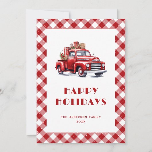 Classic Red Truck Gingham Kariert Snowy Feiertagskarte (Vorderseite)