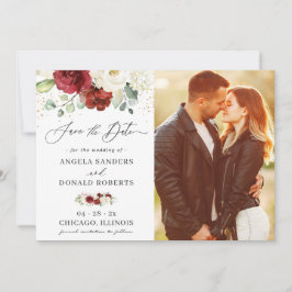 Classic Red White Floral Gold Confetti Wedding Save The Date