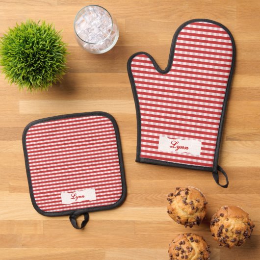 Classic Red & White Gingham | Personalized Name Ofenhandschuh & Topflappen-Set (Oben Unten)