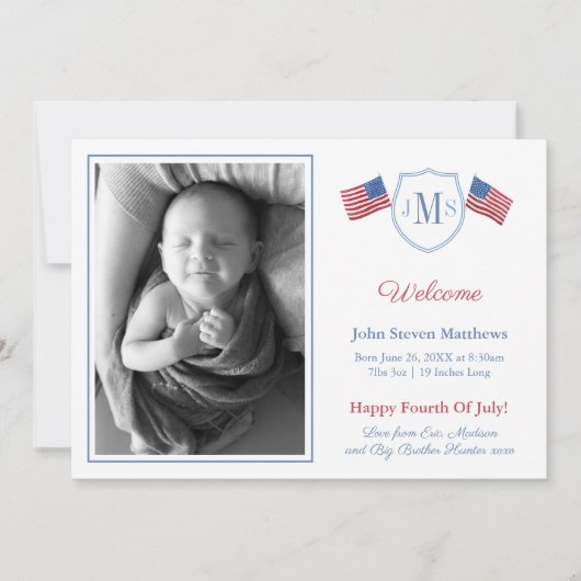 Classic Red White Monogram Baby Boy Birth Ankündigung (Vorderseite)