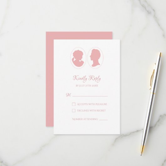 Classic Regency Pink Cameo Wedding RSVP Karte (Vorderseite/Rückseite Beispiel)