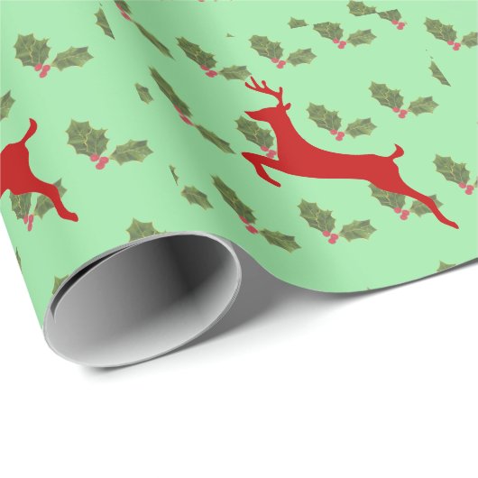 Classic Reindeer & Holly Christmas Wrapping Paper  Geschenkpapier (Rolleneckpunkt)