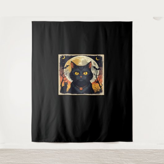 Classic Retro Black Cat Halloween T - Shirt Classi Wandteppich (Vorderseite)