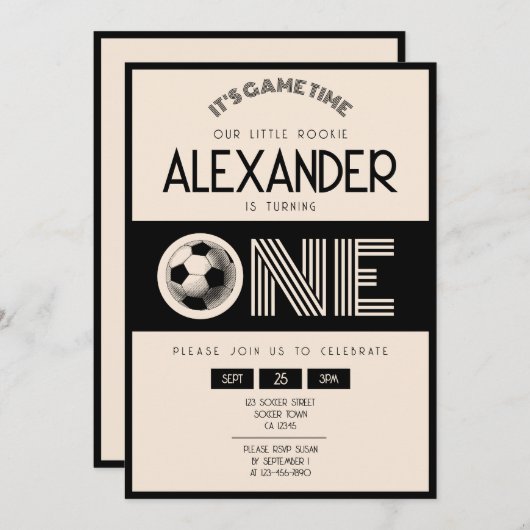 Classic Retro Black Soccer 1. Geburtstag Einladung (Vorne/Hinten)