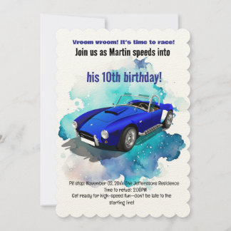 Classic Retro Blue Sports Car Geburtstagsabenteuer Einladung