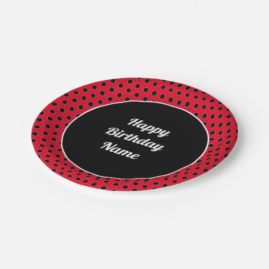 Classic Retro Custom Happy Birthday Polka Dot Red Pappteller (Schrägansicht)