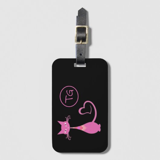 Classic Retro Pink Kitty Cat Schwanz Monogramm Gepäckanhänger (Vorderseite Vertikal)