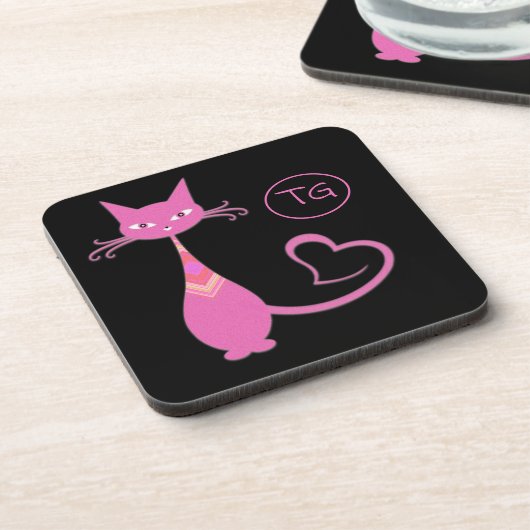 Classic Retro Pink Kitty Cat Schwanz Monogramm Getränkeuntersetzer (Linke Seite)