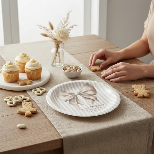 Classic Ribbon Bow Beige Baby Shower Plates Pappteller