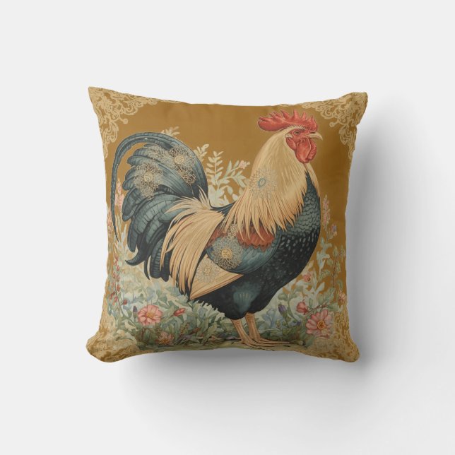 Classic, Rooster and Flowers Pattern, Vintage Kissen (Vorderseite)