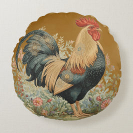 Classic, Rooster and Flowers Pattern, Vintage Rundes Kissen