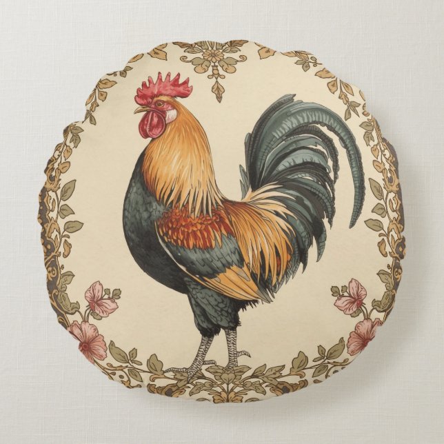 Classic,Rooster , Flowers Pattern, Vintage Rundes Kissen (Vorderseite)