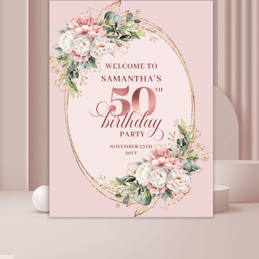 Classic Rose Gold Blush 50th Birthday Photo Banner Wandteppich