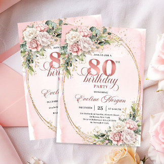 Classic Rose Gold Floral Greenery 80th Birthday  Einladung