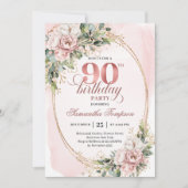 Classic Rose Gold Floral Greenery 90th Birthday  Einladung (Vorderseite)