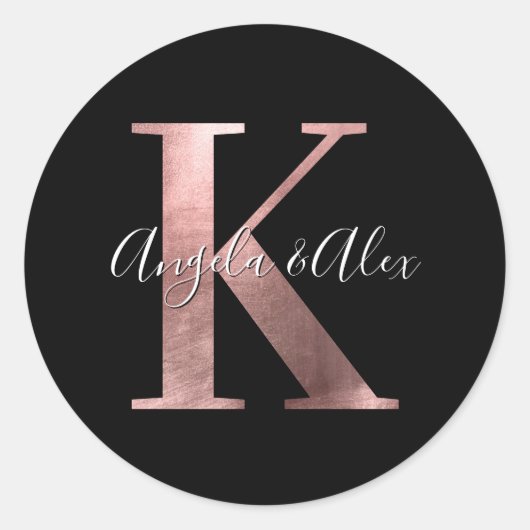 Classic Rose Gold Foil Wedding Monogram K Black Runder Aufkleber (Vorderseite)