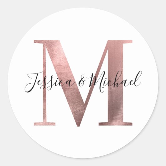 Classic Rose Gold Foil Wedding Monogram M Runder Aufkleber (Vorderseite)