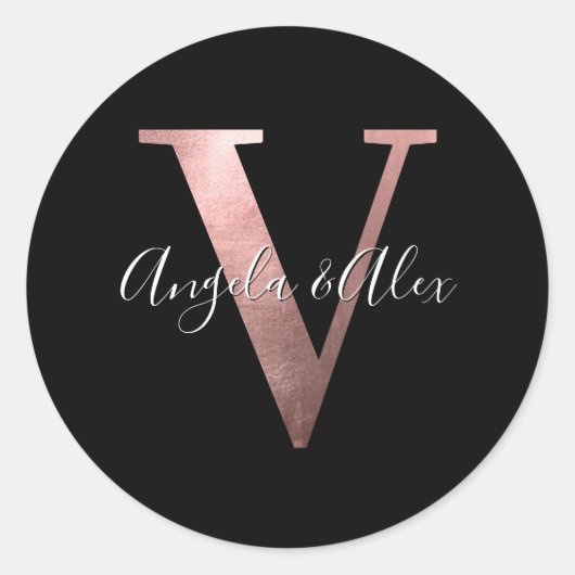 Classic Rose Gold Foil Wedding Monogram V Black Runder Aufkleber (Vorderseite)