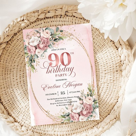 Classic Rose Gold Greenery 90th Birthday Invite Einladung