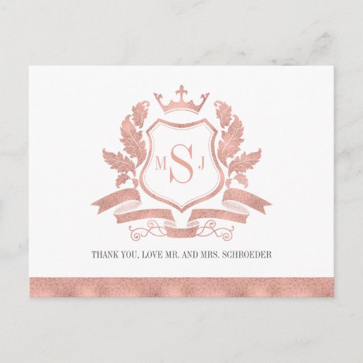 Classic Rose Gold Wappen Hochzeit Vielen Dank Post Postkarte (Vorderseite)